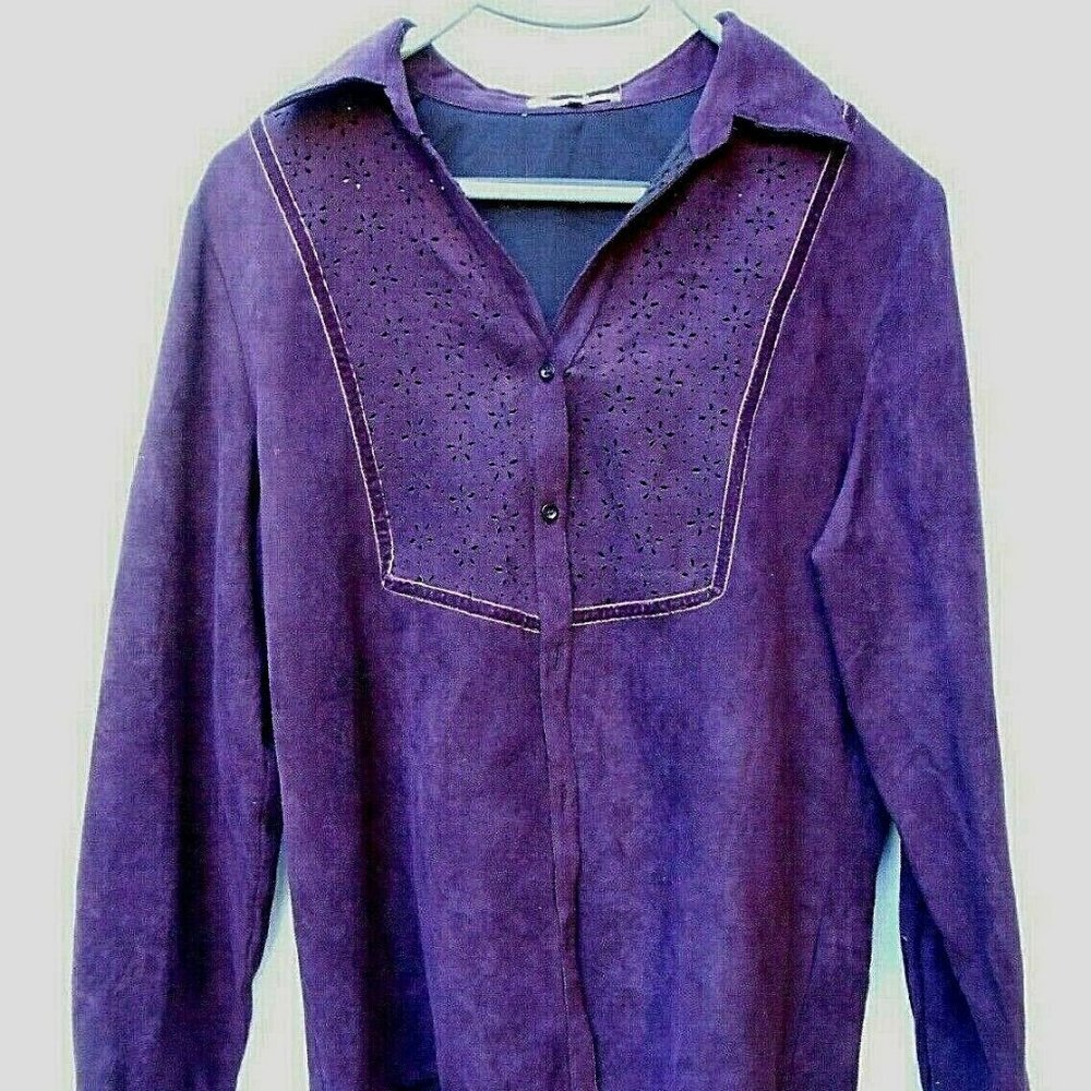 Claudia Richard Button Down Long Sleeve Shirt Dark Purple Size L Eyelet Yoke